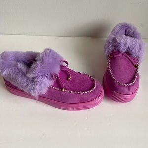 Faux Fur Collar Plush Moccasin Slip On Ankle Bootie Winter Loafer